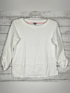 Talbots Cotton Textured Boat Neck Long Sleeve Roll Tab Cotton white T-Shirt L